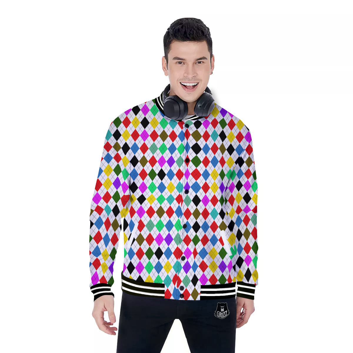 Argyle Colorful Print Pattern Baseball Jacket-grizzshop
