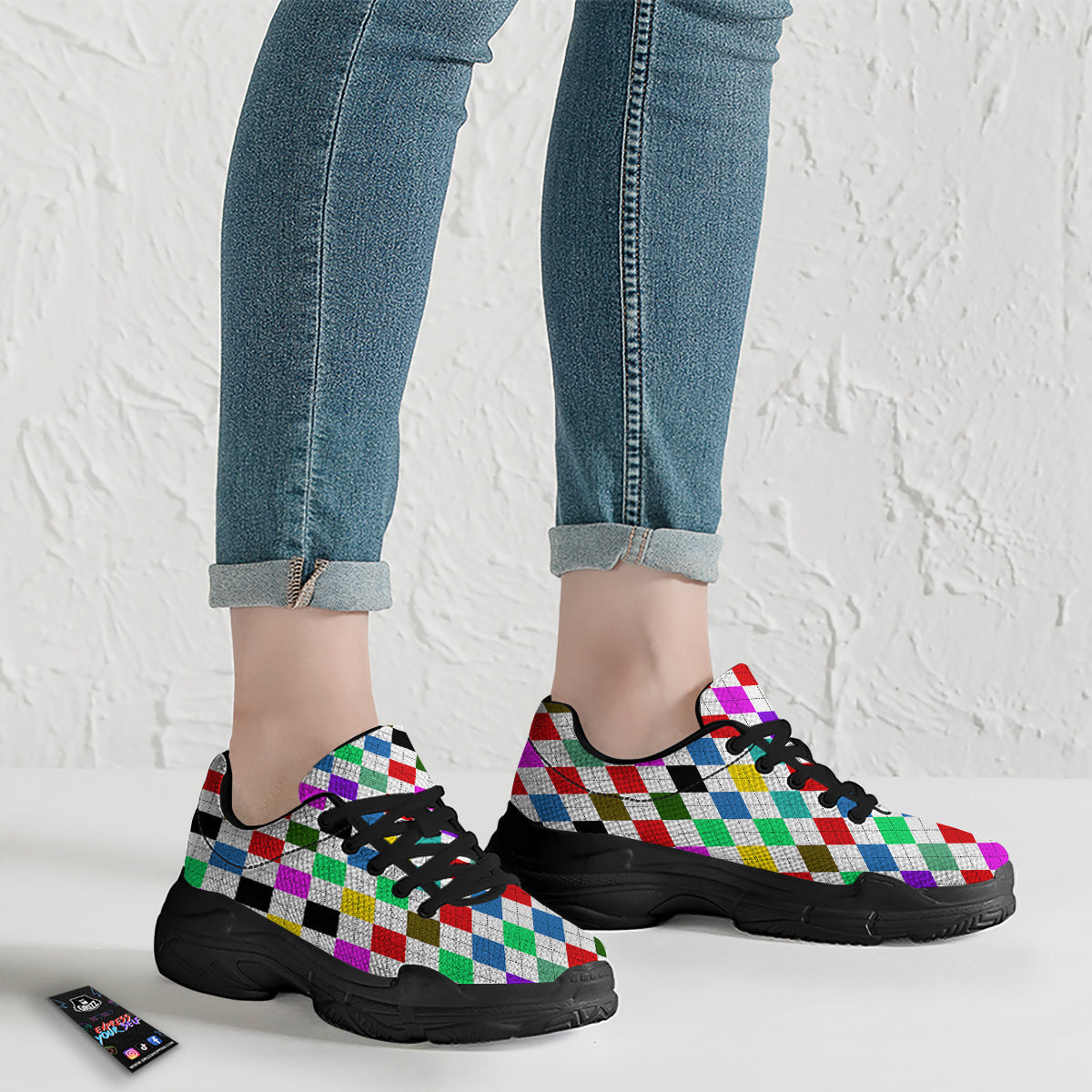 Argyle Colorful Print Pattern Black Chunky Shoes-grizzshop