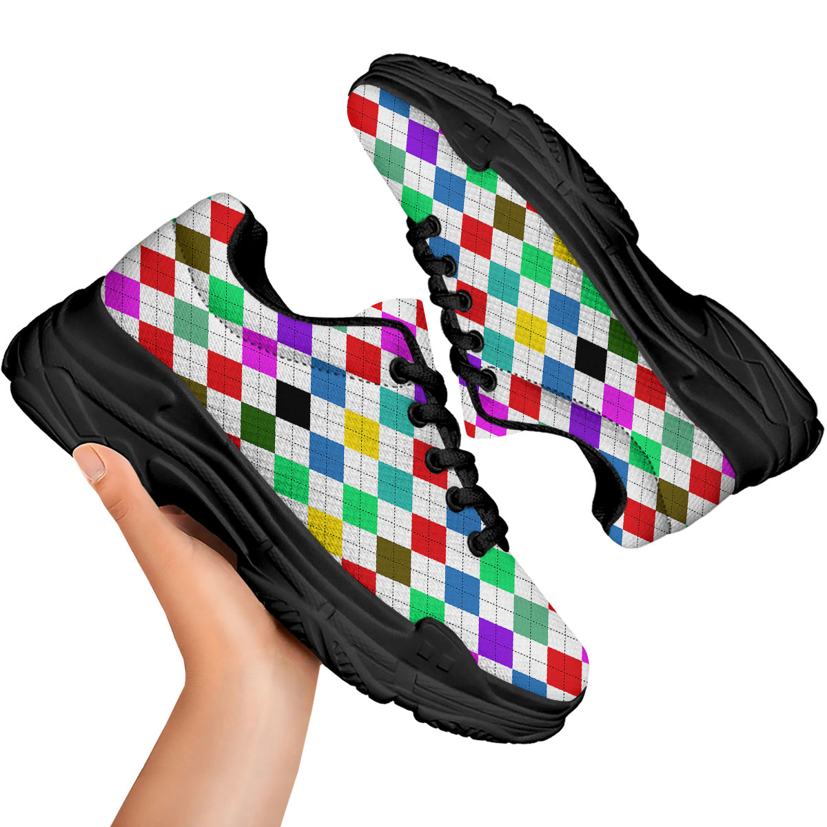 Argyle Colorful Print Pattern Black Chunky Shoes-grizzshop