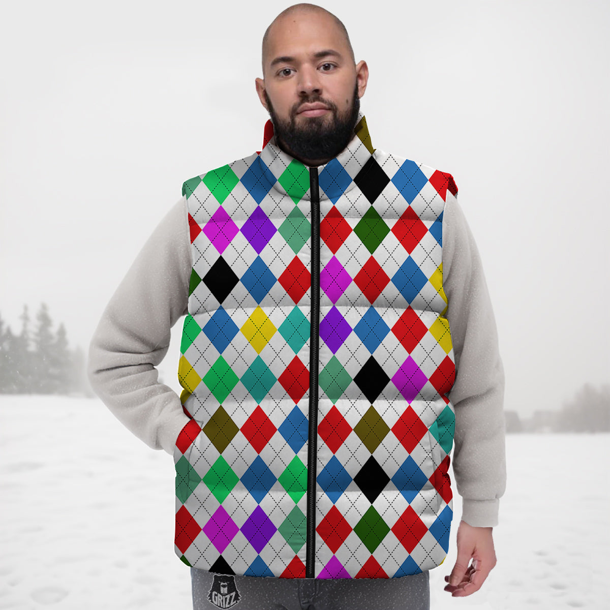 Argyle Colorful Print Pattern Down Vest-grizzshop