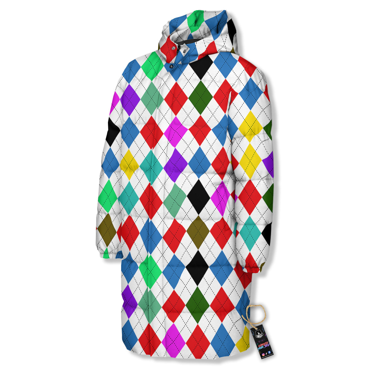Argyle Colorful Print Pattern Long Down Jacket-grizzshop