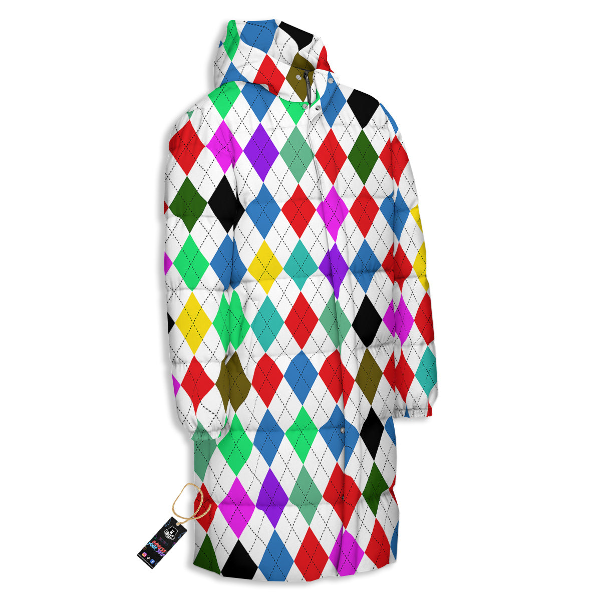 Argyle Colorful Print Pattern Long Down Jacket-grizzshop