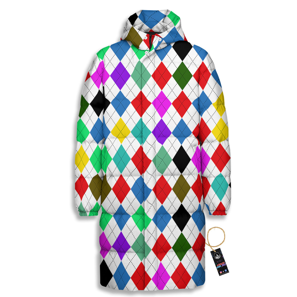 Argyle Colorful Print Pattern Long Down Jacket-grizzshop