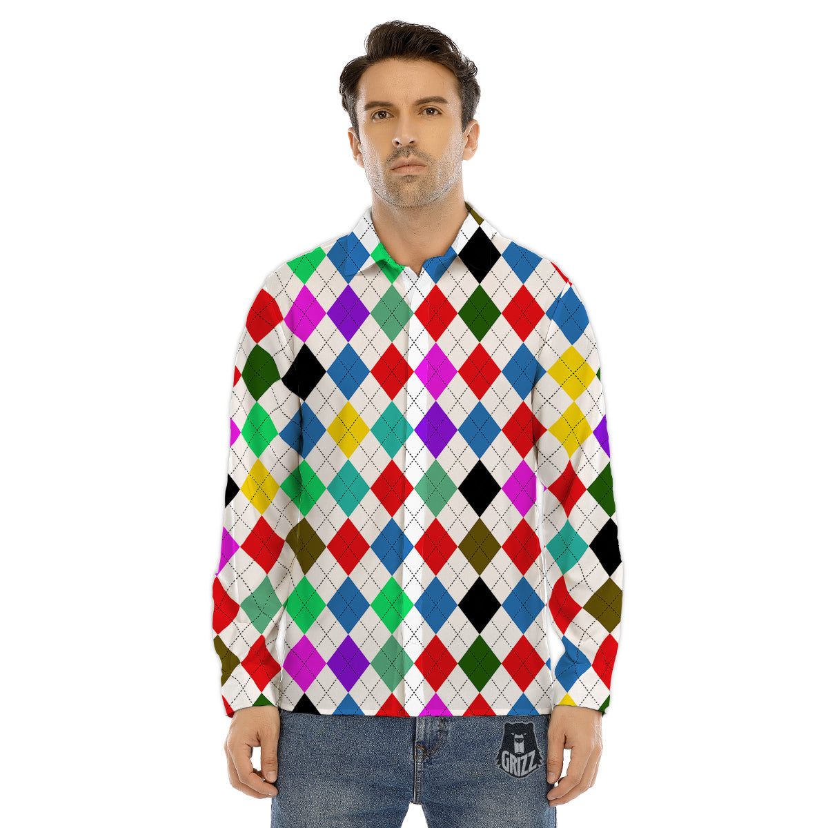 Argyle Colorful Print Pattern Men's Dress Shirts-grizzshop