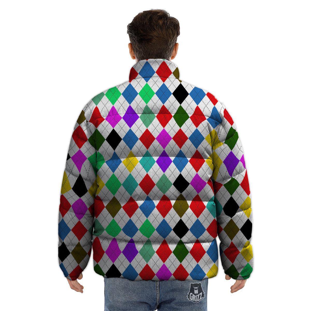 Argyle Colorful Print Pattern Puffer Jacket-grizzshop
