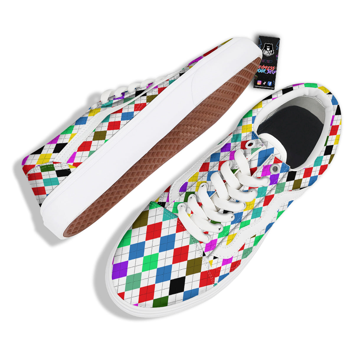 Argyle Colorful Print Pattern Skate Shoes-grizzshop