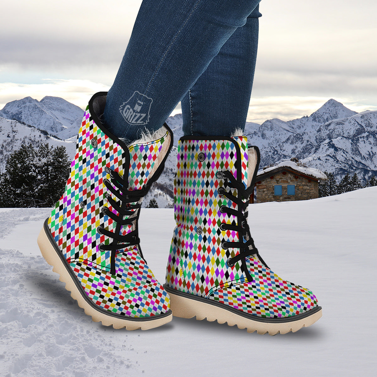 Argyle Colorful Print Pattern Snow Boots-grizzshop