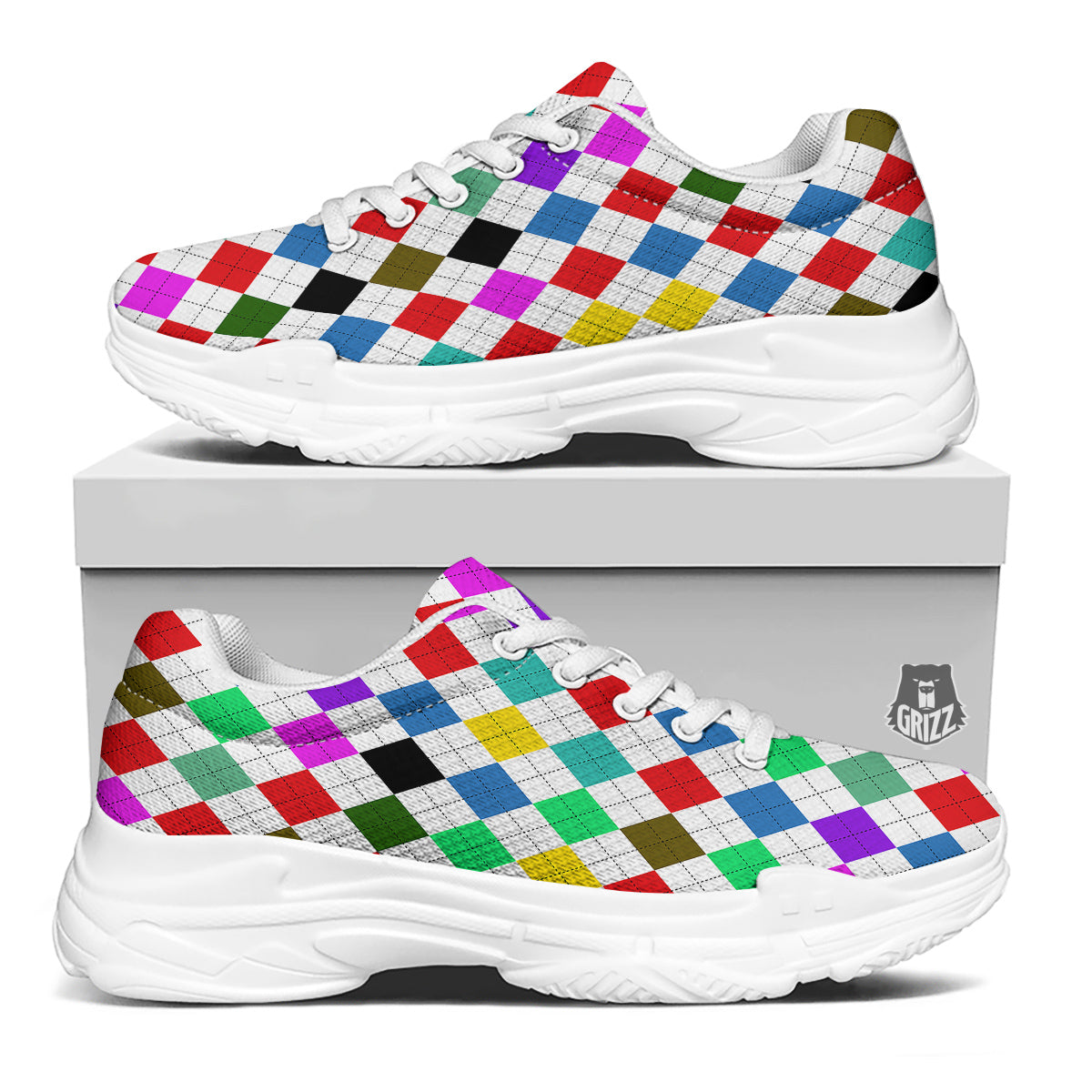 Argyle Colorful Print Pattern White Chunky Shoes-grizzshop