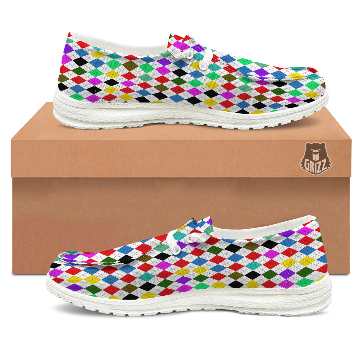 Argyle Colorful Print Pattern White Loafers-grizzshop