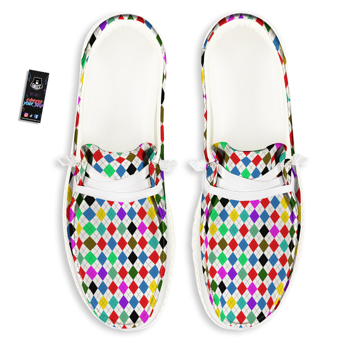 Argyle Colorful Print Pattern White Loafers-grizzshop