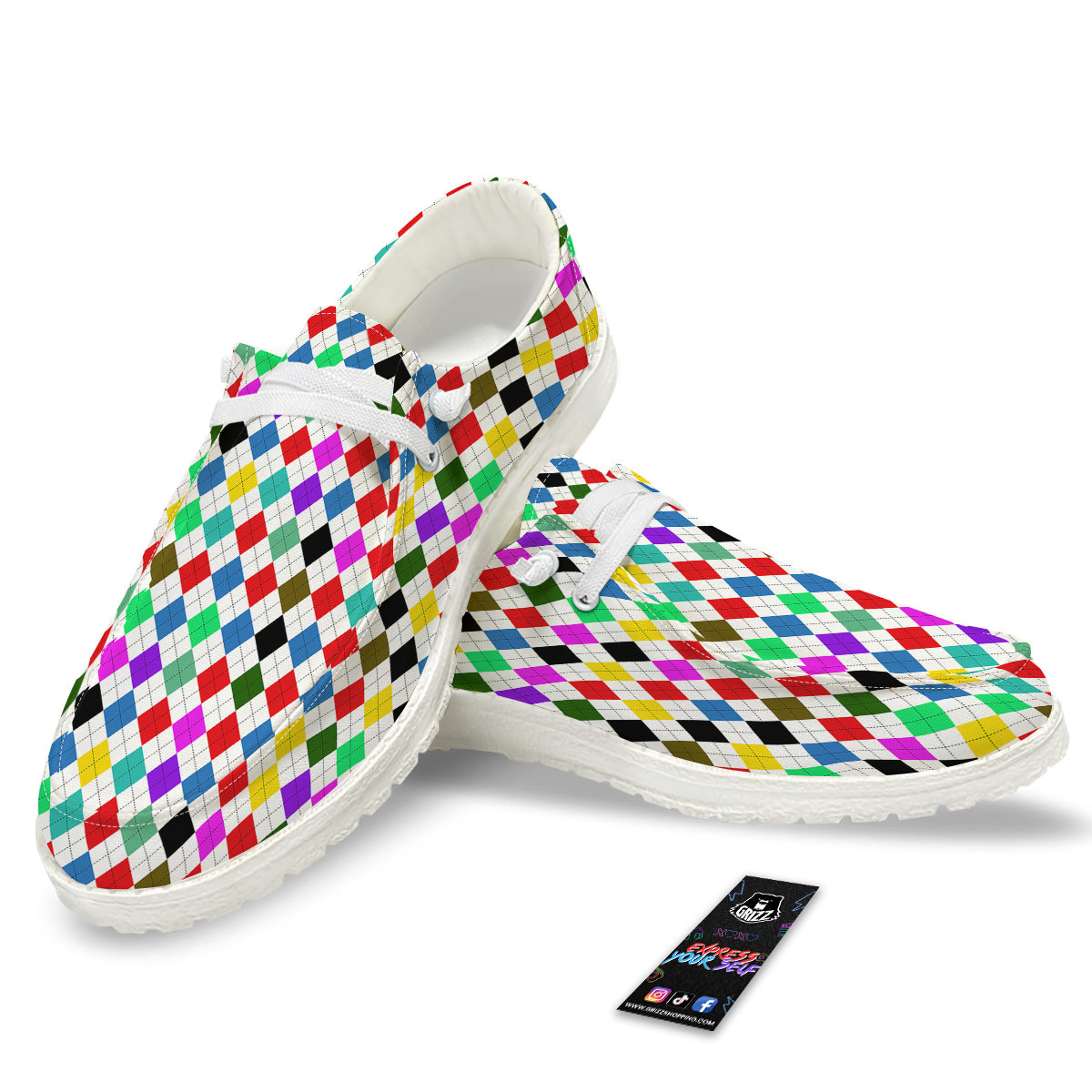 Argyle Colorful Print Pattern White Loafers-grizzshop