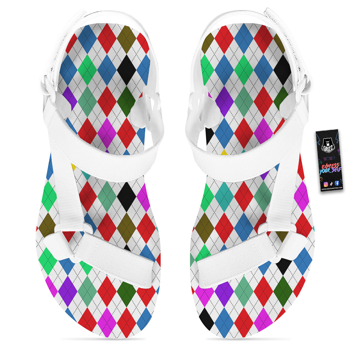 Argyle Colorful Print Pattern White Open Toe Sandals-grizzshop