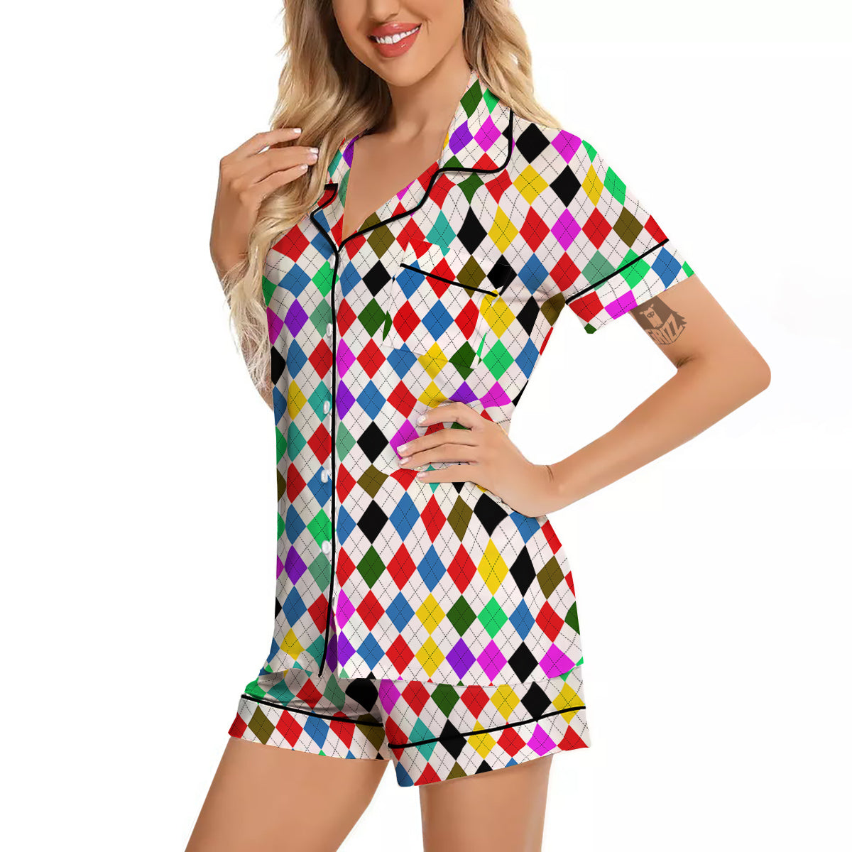 Argyle Colorful Print Pattern Women Silk Pajamas-grizzshop