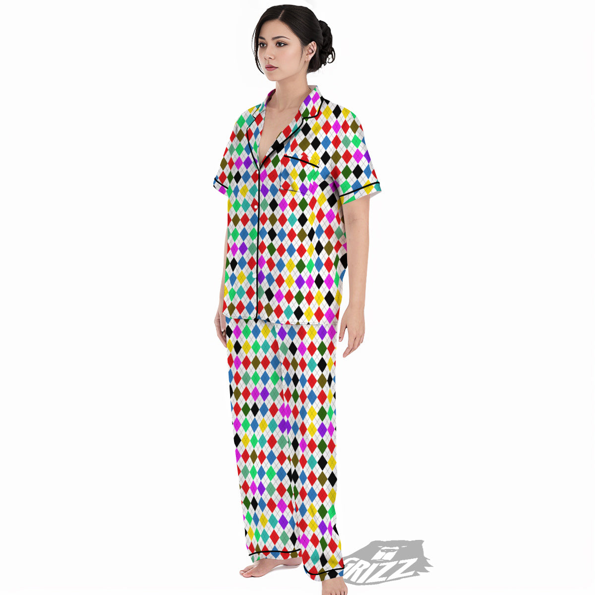 Argyle Colorful Print Pattern Women's Pajamas Set-grizzshop