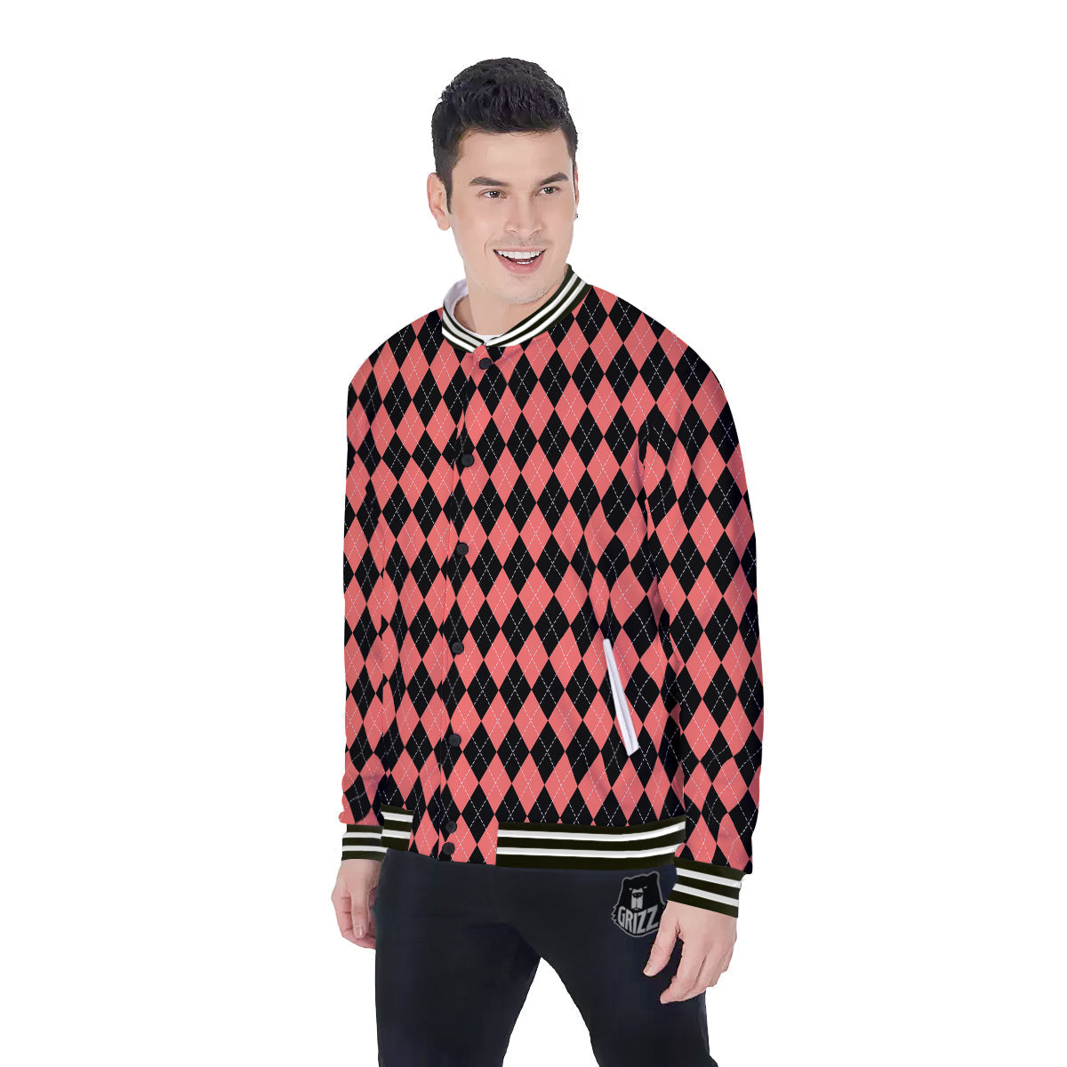 Argyle Coral And Black Print Pattern Baseball Jacket-grizzshop