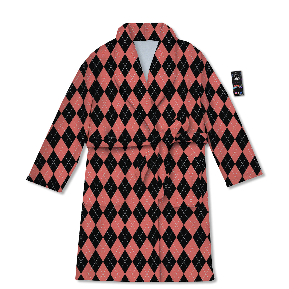 Argyle Coral And Black Print Pattern Bathrobe-grizzshop