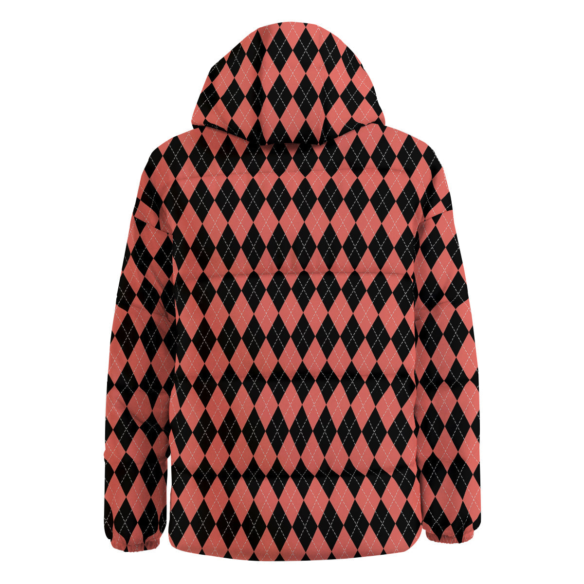 Argyle Coral And Black Print Pattern Down Jacket-grizzshop