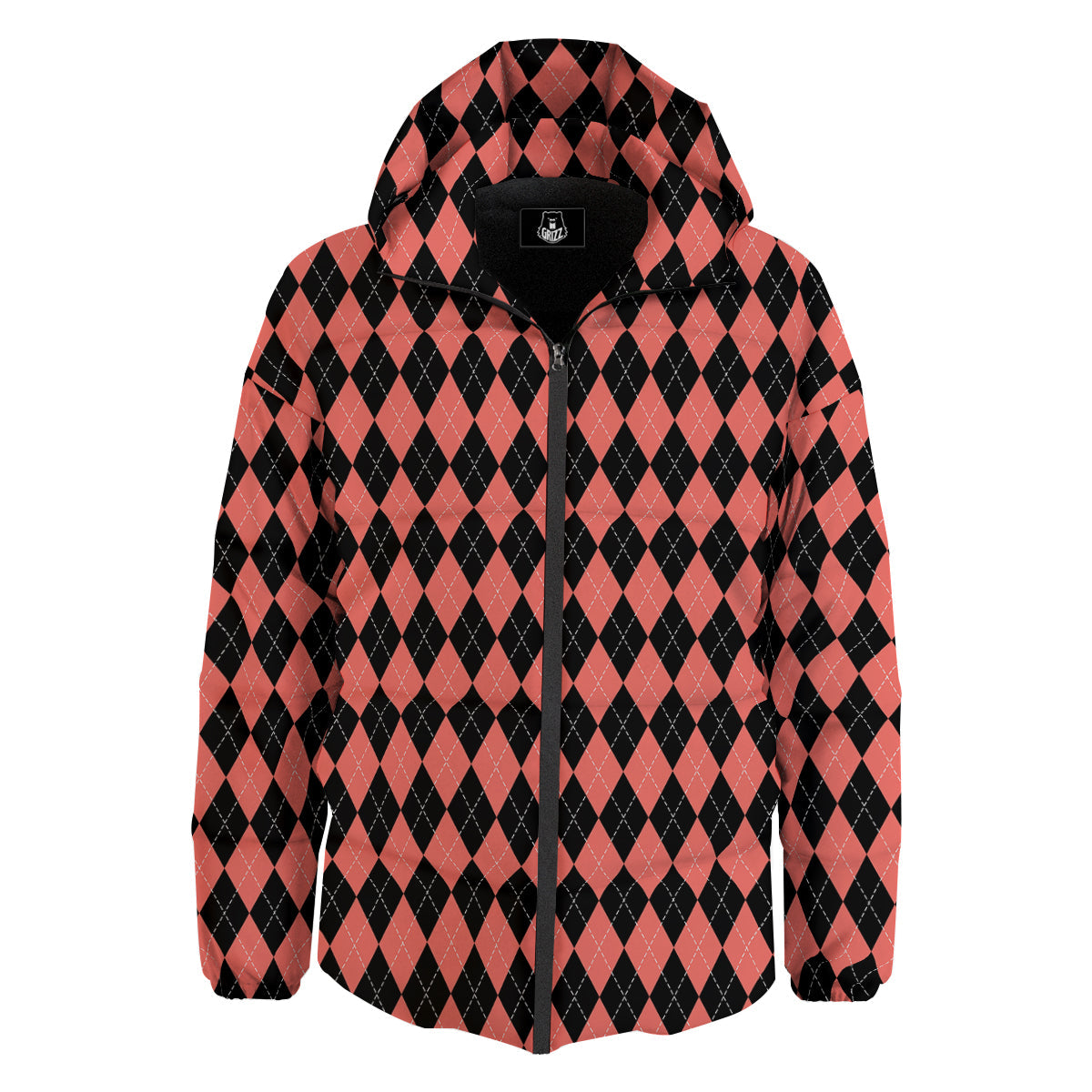 Argyle Coral And Black Print Pattern Down Jacket-grizzshop