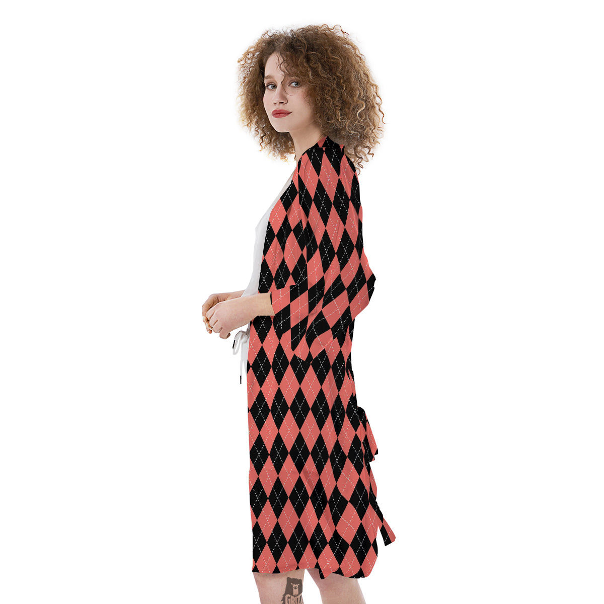 Argyle Coral And Black Print Pattern Kimono-grizzshop