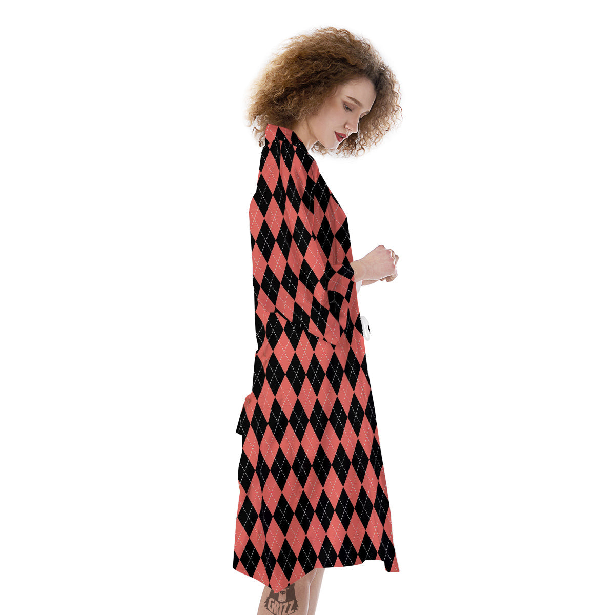 Argyle Coral And Black Print Pattern Kimono-grizzshop