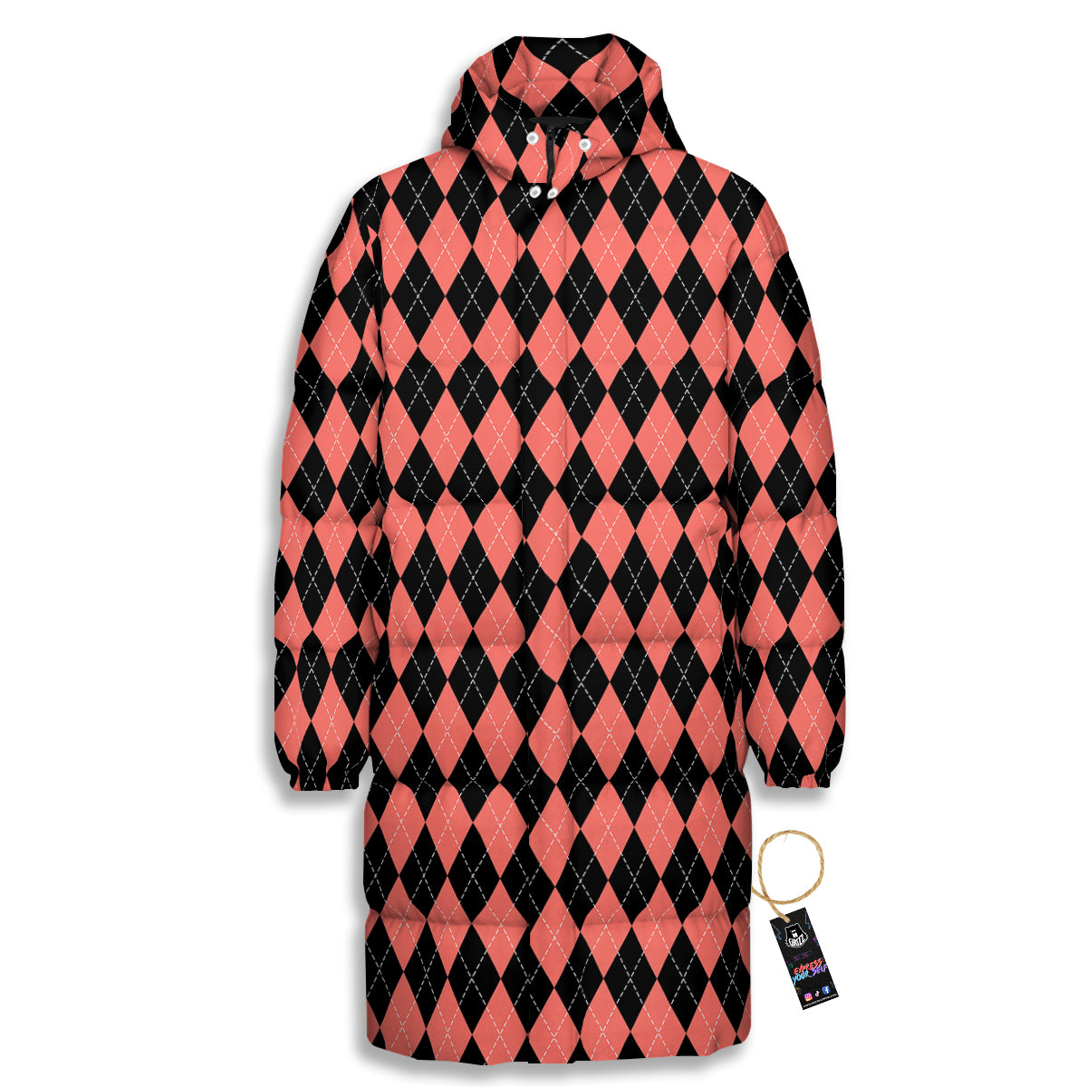 Argyle Coral And Black Print Pattern Long Down Jacket-grizzshop