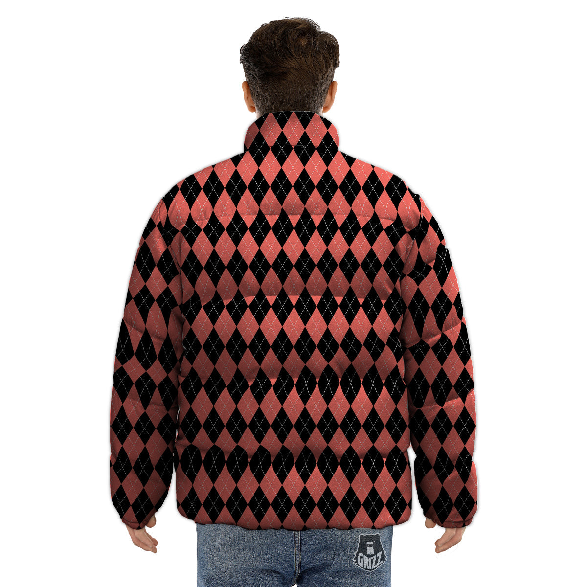 Argyle Coral And Black Print Pattern Puffer Jacket-grizzshop