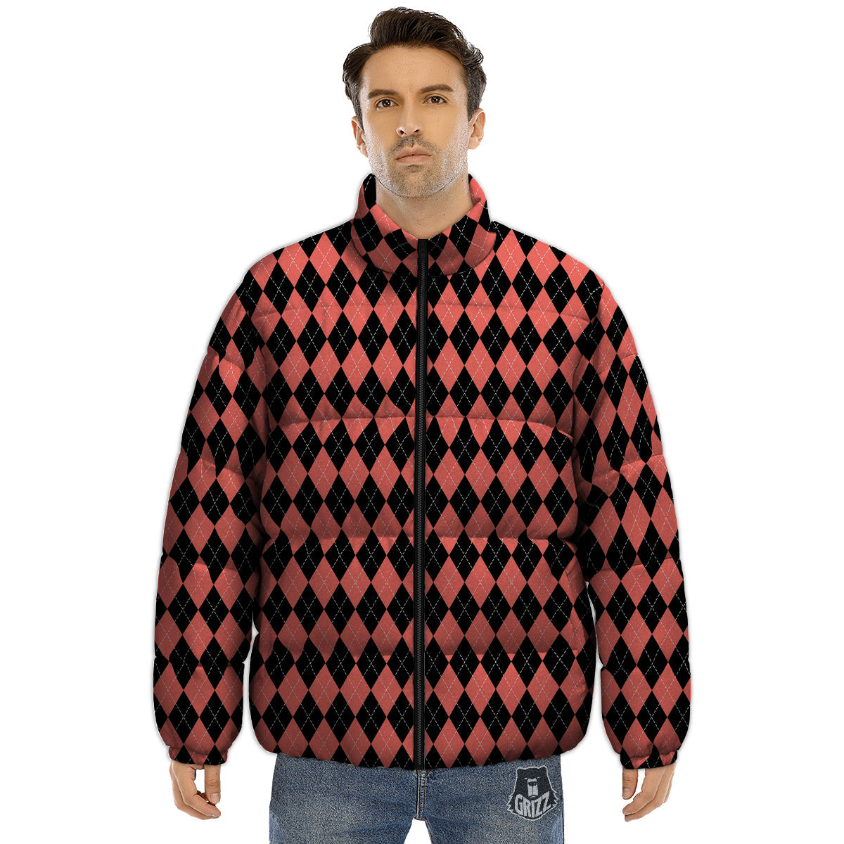 Argyle Coral And Black Print Pattern Puffer Jacket-grizzshop