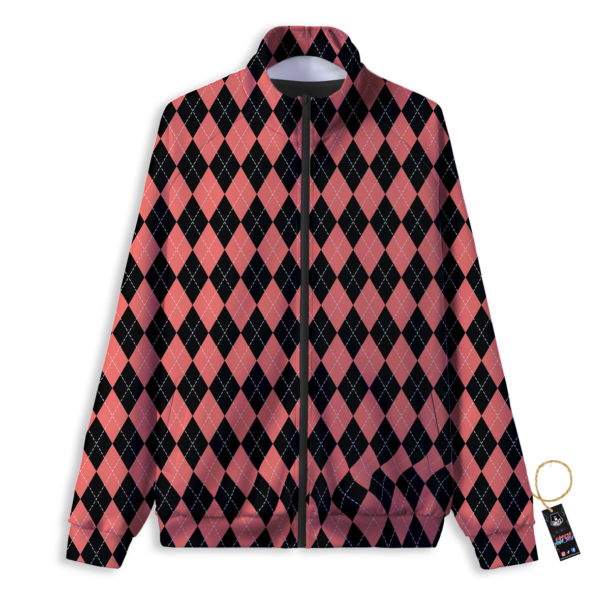 Argyle Coral And Black Print Pattern Track Jacket-grizzshop
