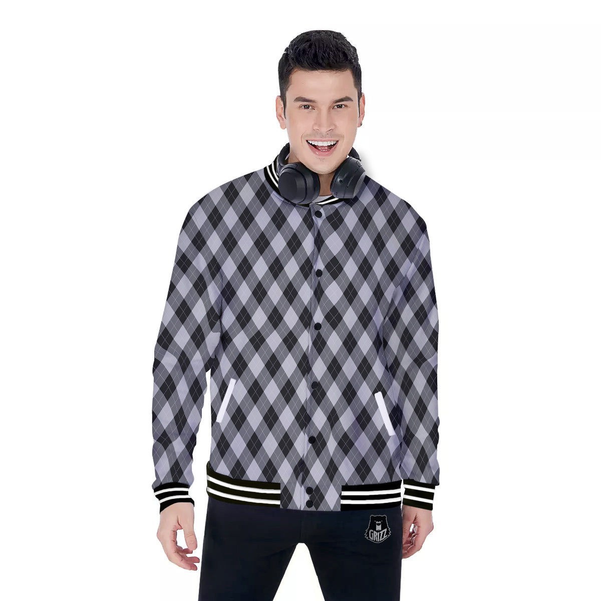 Argyle Dark Grey Print Pattern Baseball Jacket-grizzshop