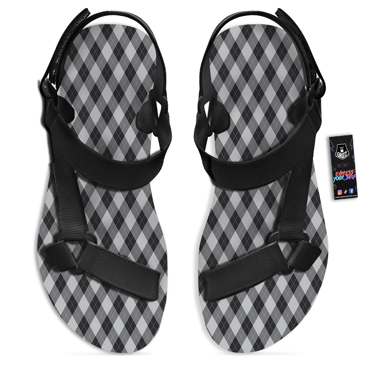 Argyle Dark Grey Print Pattern Black Open Toe Sandals-grizzshop