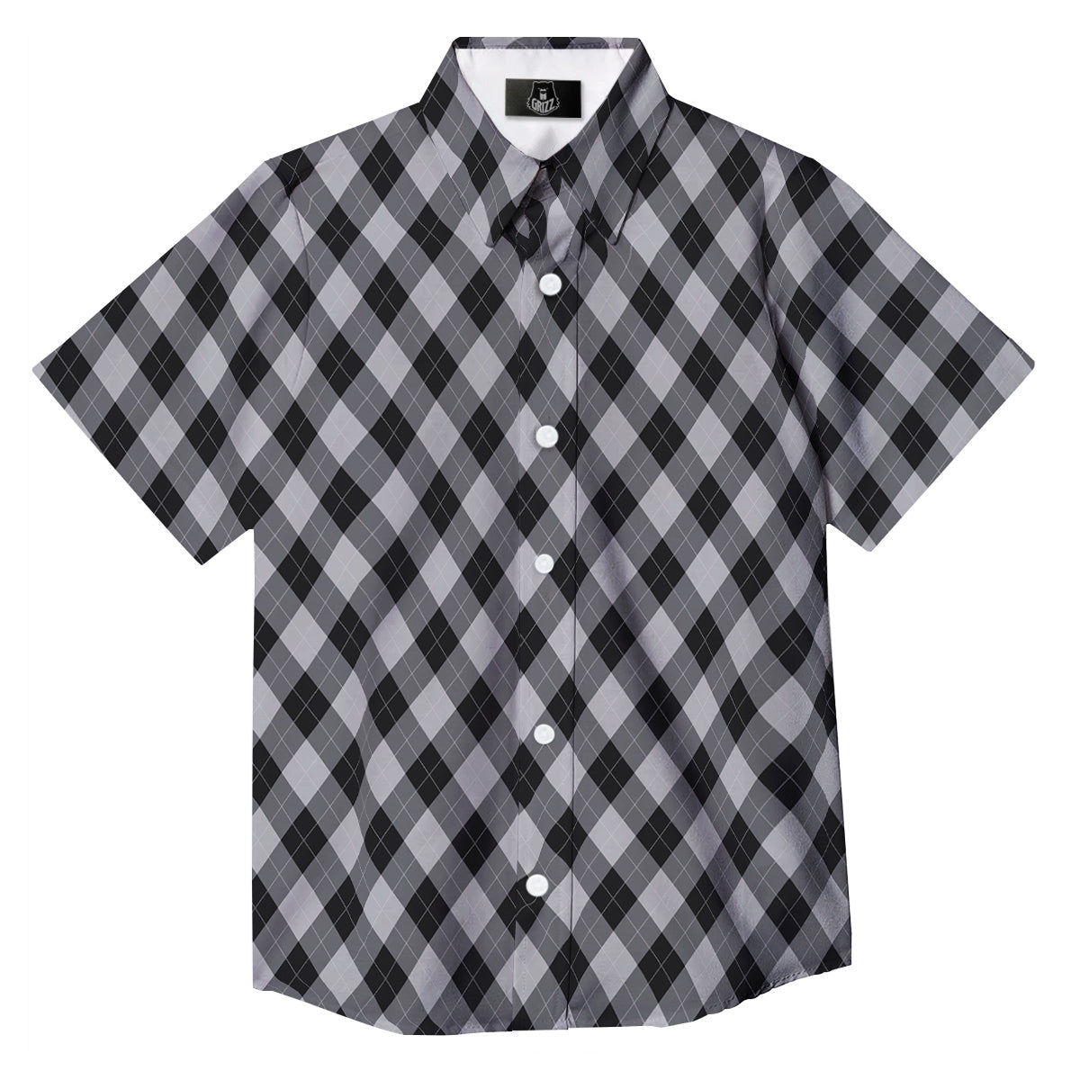 Argyle Dark Grey Print Pattern Button Up Shirt-grizzshop