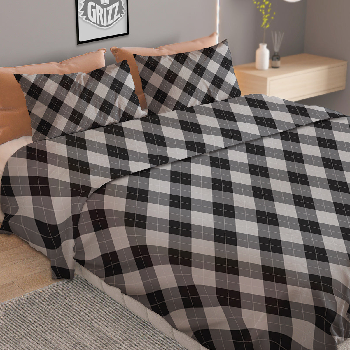 Argyle Dark Grey Print Pattern Duvet Cover Bedding Set-grizzshop