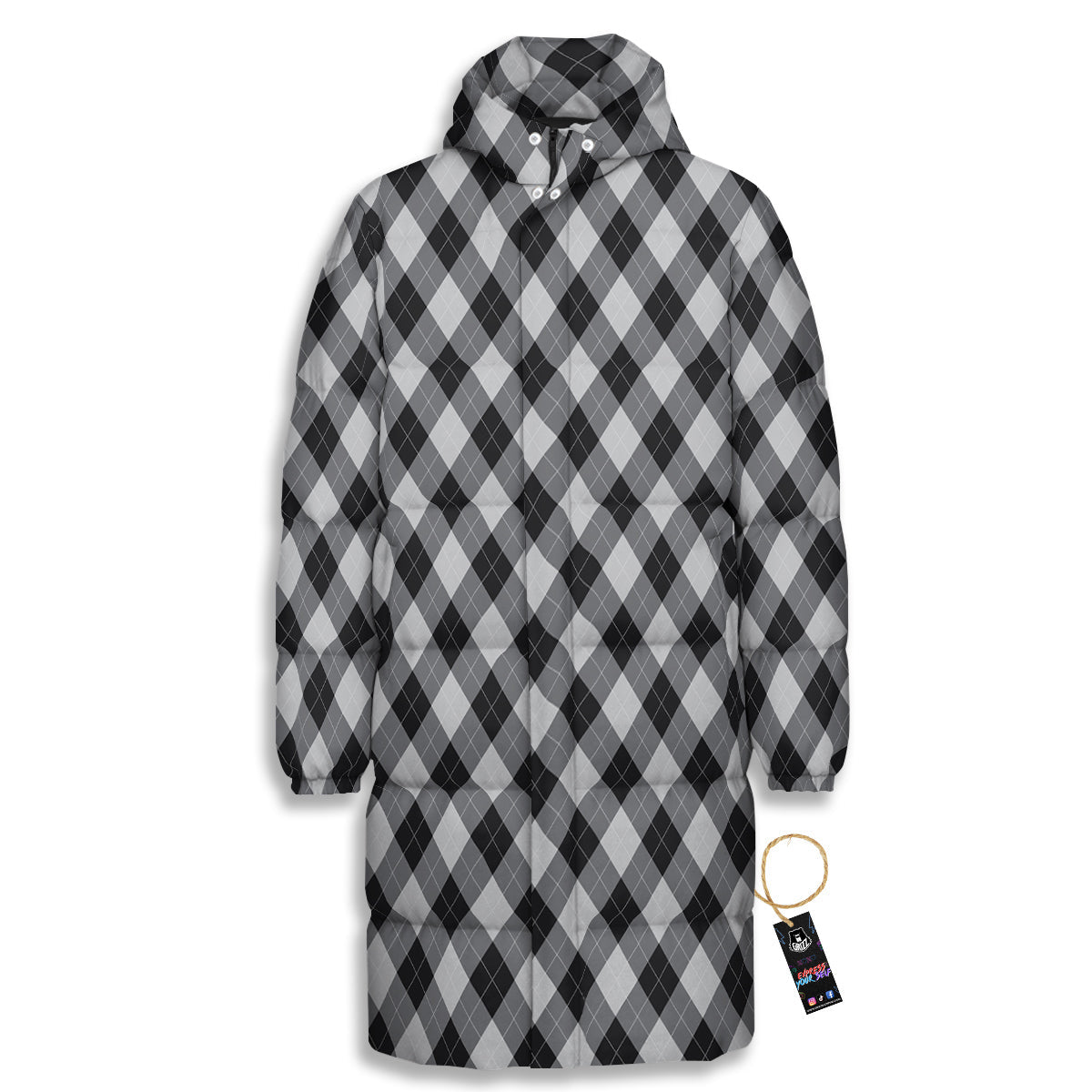 Argyle Dark Grey Print Pattern Long Down Jacket-grizzshop