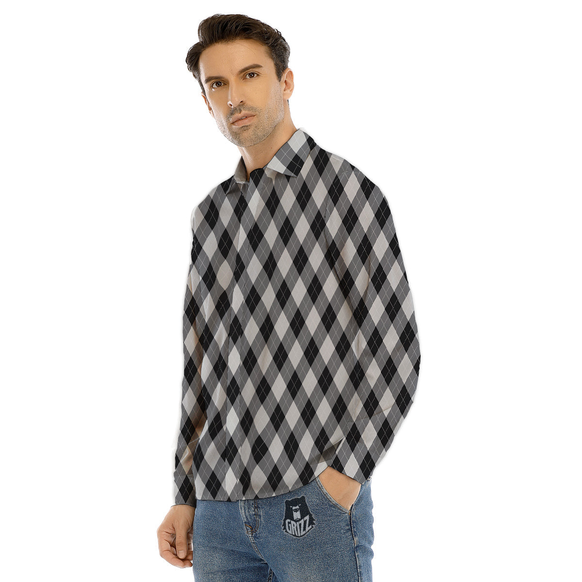 Argyle Dark Grey Print Pattern Men's Dress Shirts-grizzshop