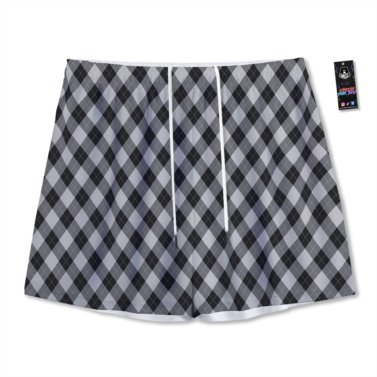 Argyle Dark Grey Print Pattern Mesh Shorts-grizzshop