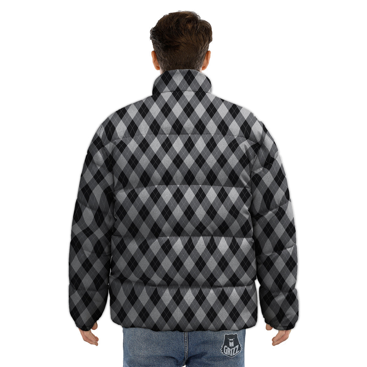 Argyle Dark Grey Print Pattern Puffer Jacket-grizzshop