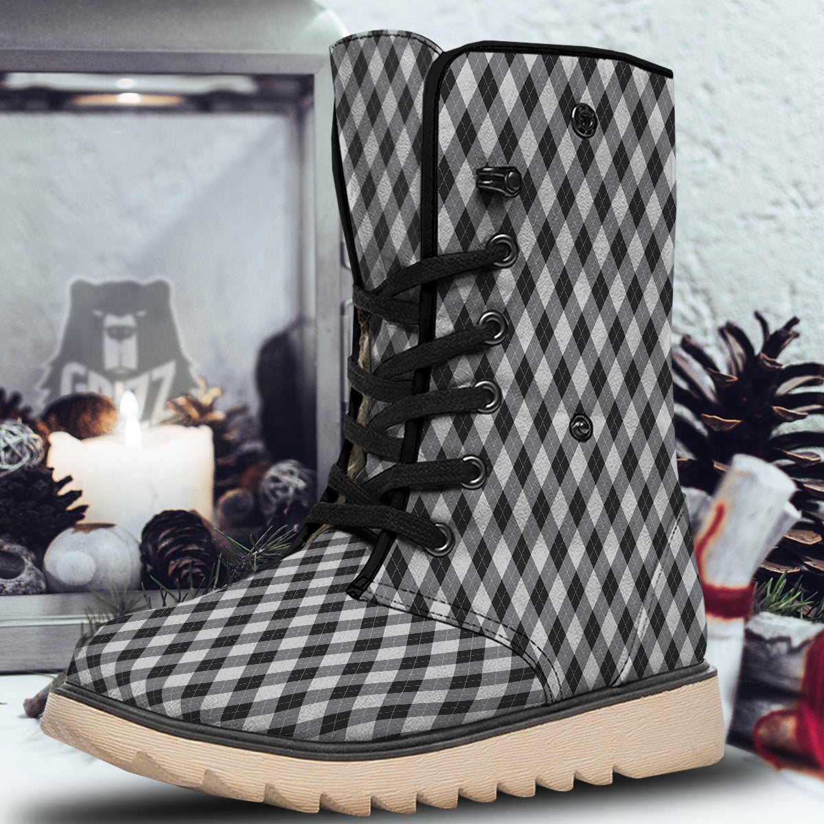 Argyle Dark Grey Print Pattern Snow Boots-grizzshop