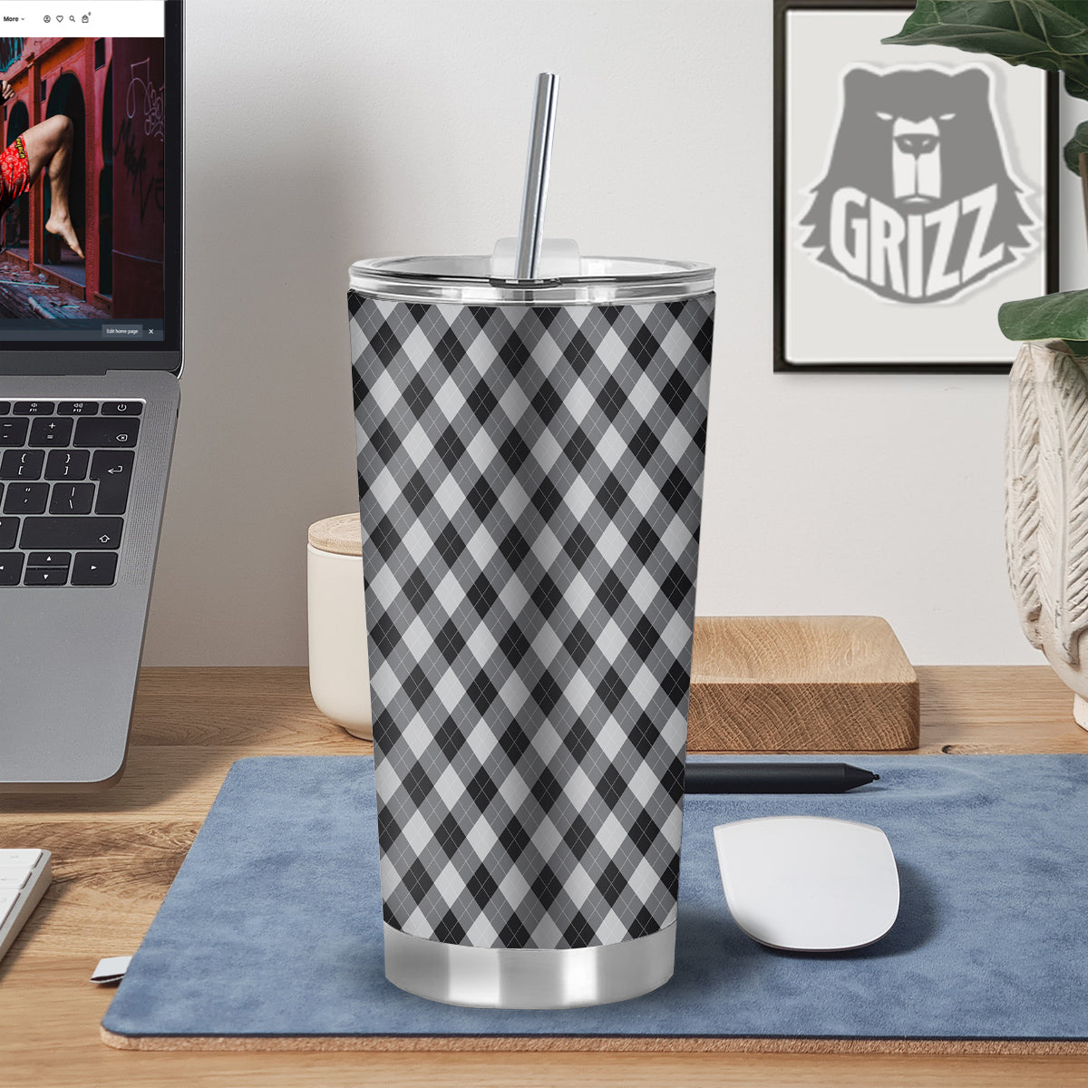 Argyle Dark Grey Print Pattern Tumbler-grizzshop