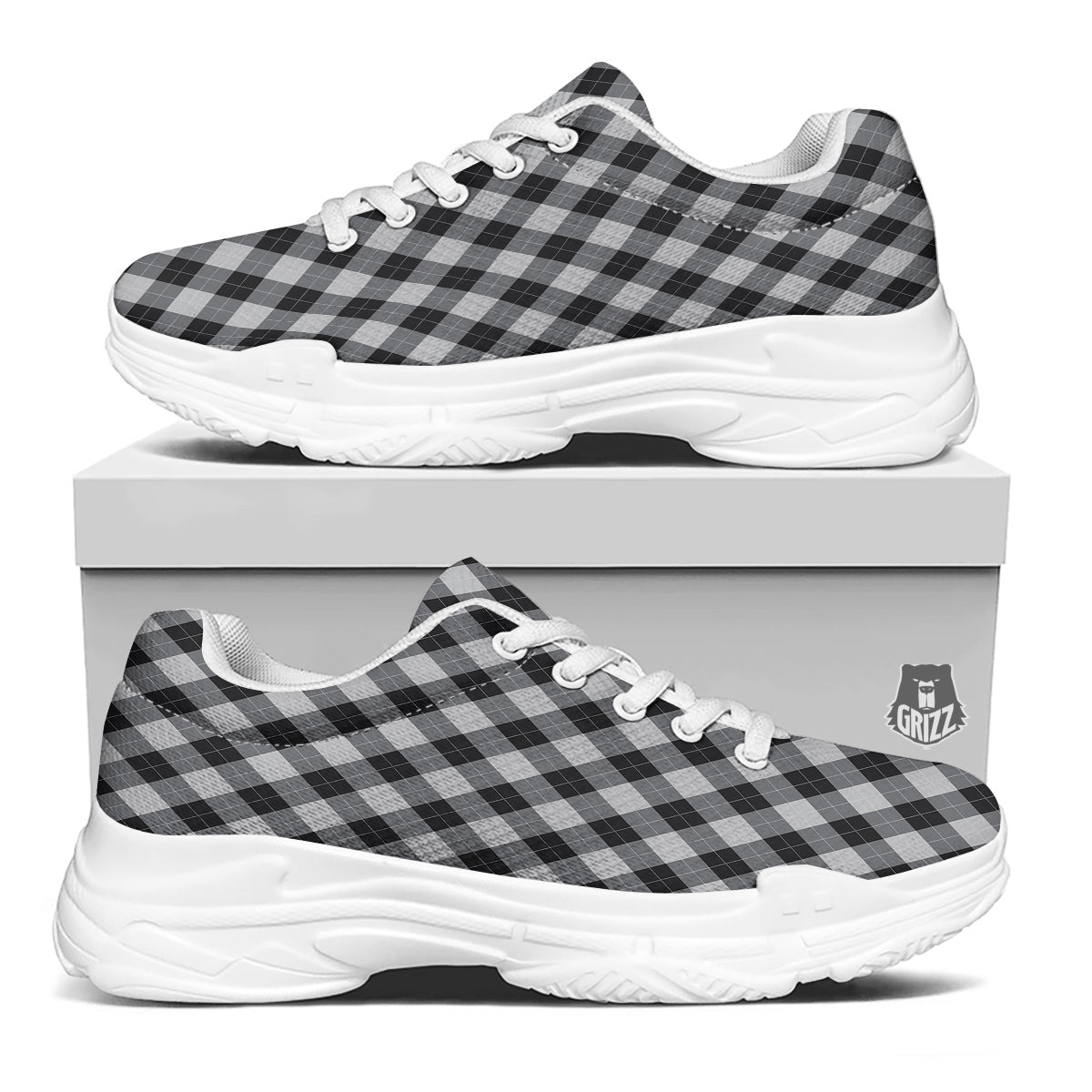 Argyle Dark Grey Print Pattern White Chunky Shoes-grizzshop