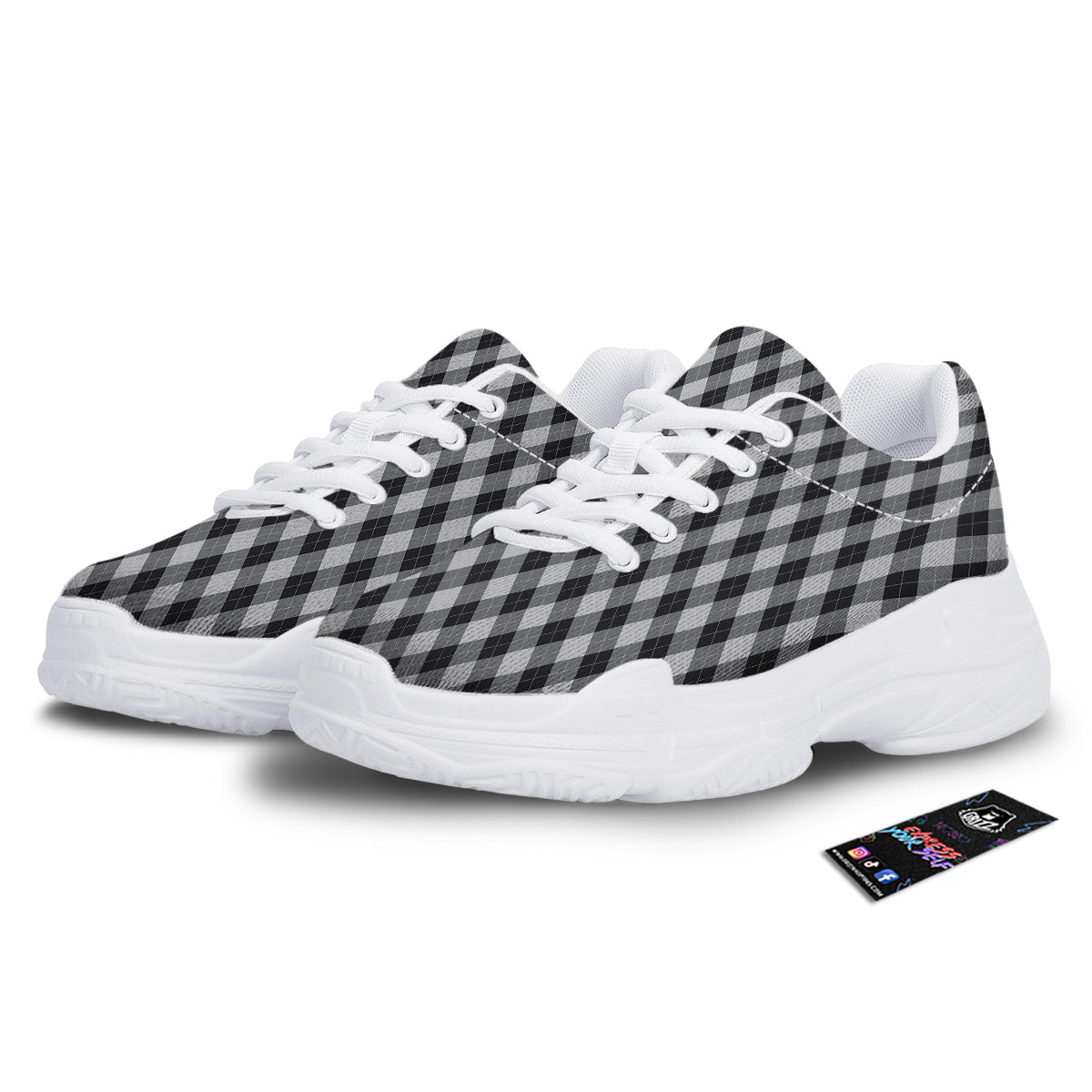 Argyle Dark Grey Print Pattern White Chunky Shoes-grizzshop
