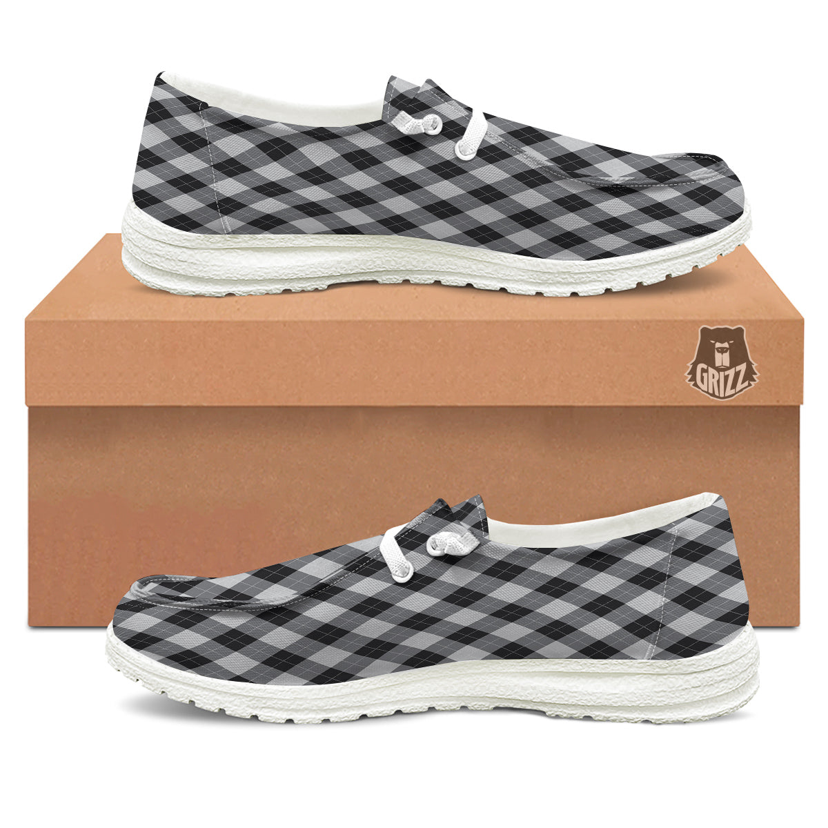 Argyle Dark Grey Print Pattern White Loafers-grizzshop