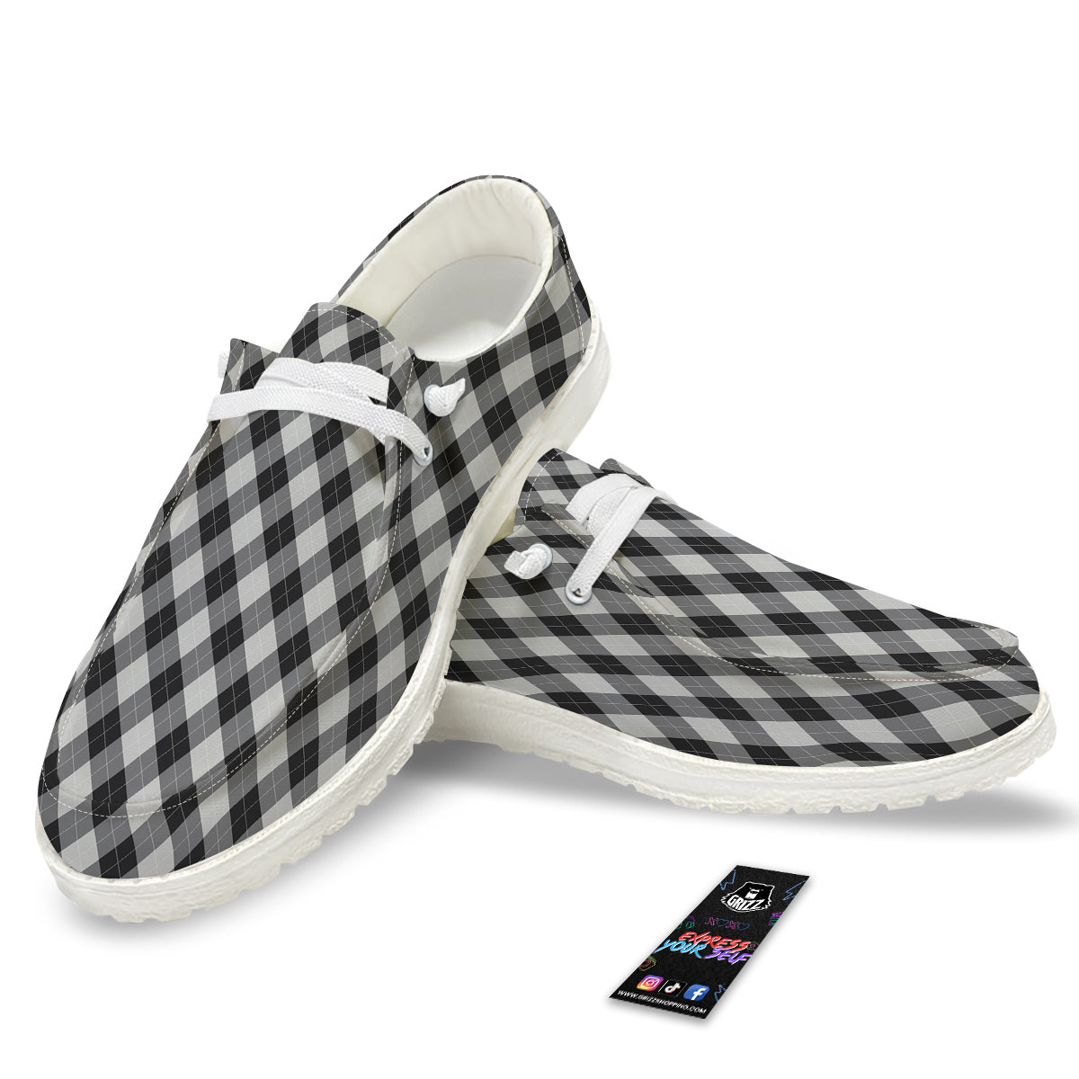 Argyle Dark Grey Print Pattern White Loafers-grizzshop