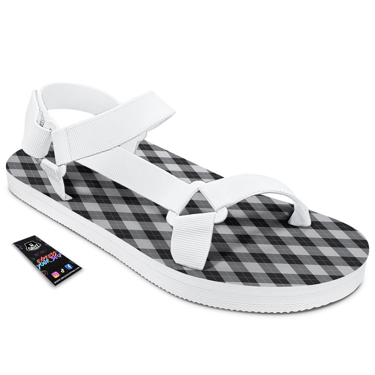Argyle Dark Grey Print Pattern White Open Toe Sandals-grizzshop