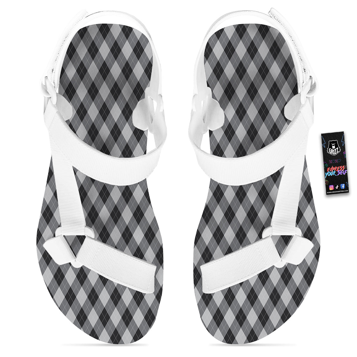Argyle Dark Grey Print Pattern White Open Toe Sandals-grizzshop