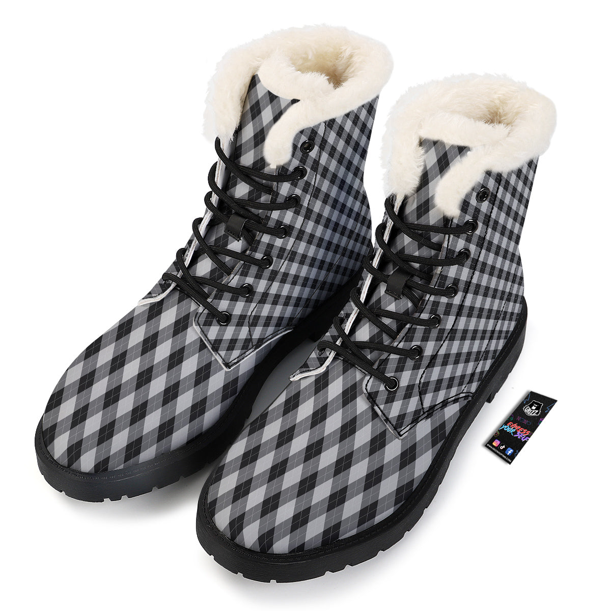 Argyle Dark Grey Print Pattern Winter Boots-grizzshop