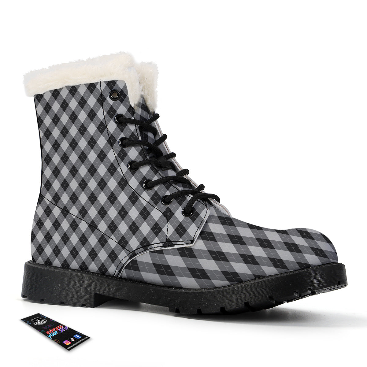 Argyle Dark Grey Print Pattern Winter Boots-grizzshop