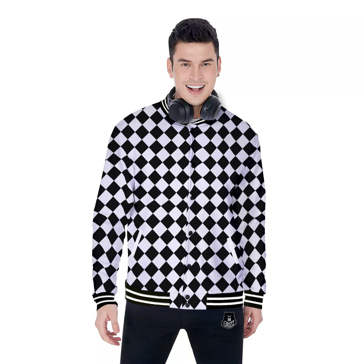 Argyle Diamond Shapes Black And White Print Pattern Baseball Jacket-grizzshop
