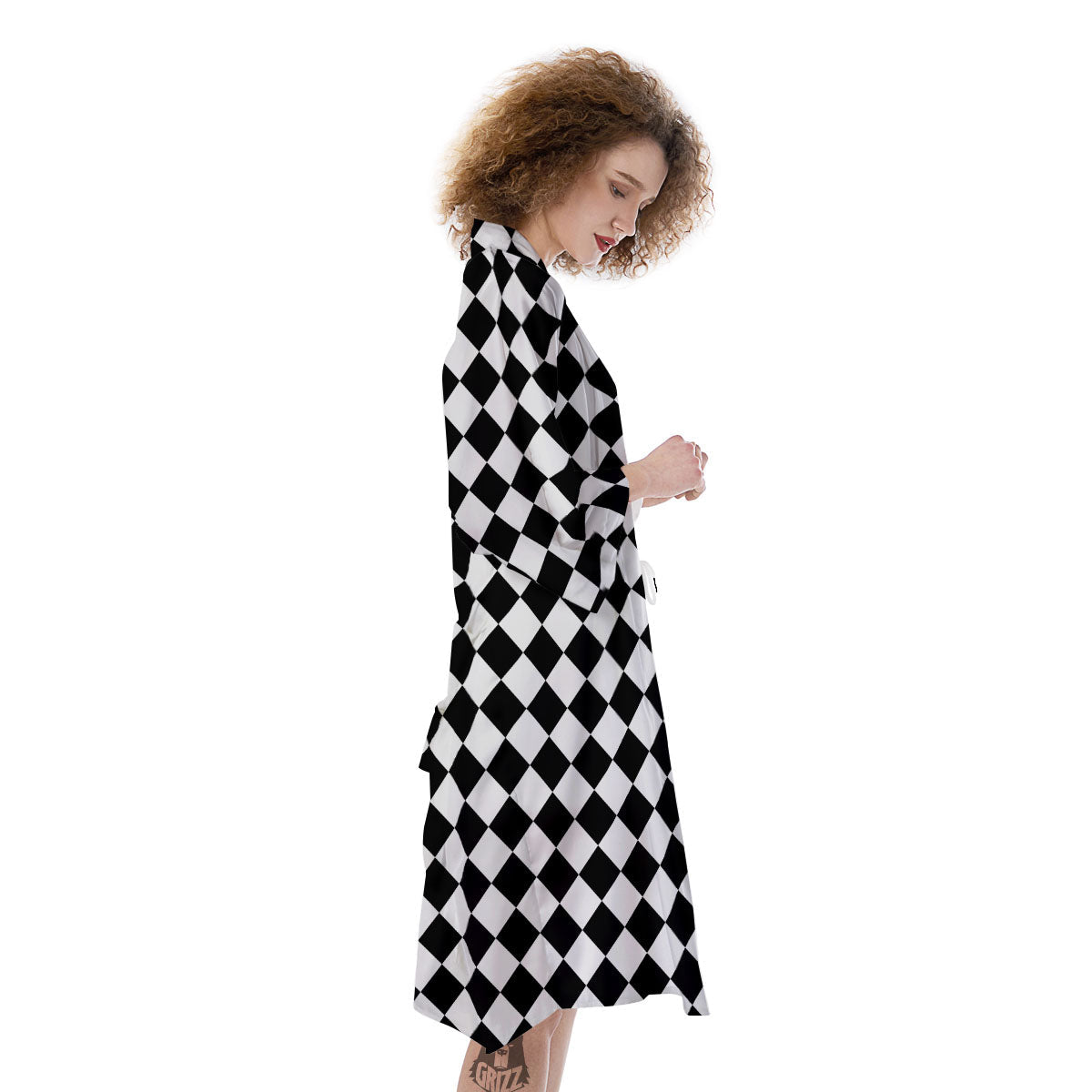 Argyle Diamond Shapes Black And White Print Pattern Kimono-grizzshop