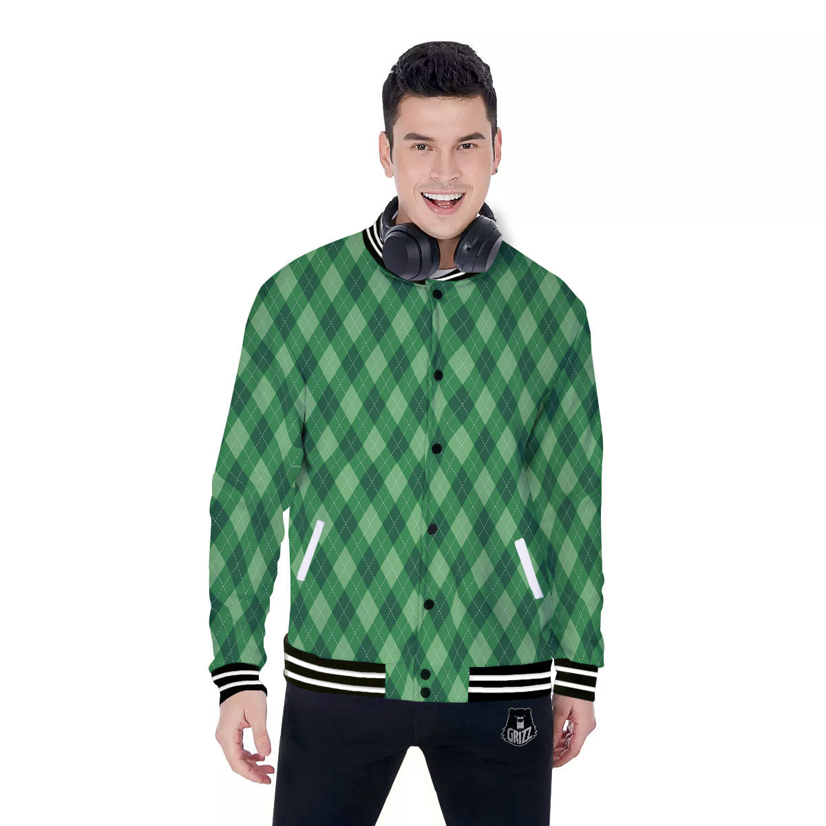 Argyle Forest Green Print Pattern Baseball Jacket-grizzshop