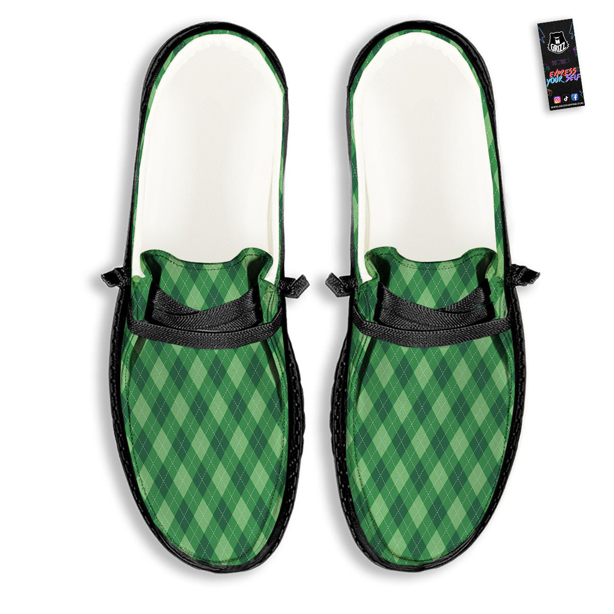 Argyle Forest Green Print Pattern Black Loafers-grizzshop